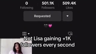 اکانت تیک تاک شخصی لیسا در عرض 2 ساعت و 18 دقیقه بعد از پابلیک شدن‌ از مرز 1M فالوور عبور کرد.