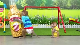 Bebé Mono BonBon juega con una pelota de goma colorida y come fruta con el patito - MONO BONBON ESP