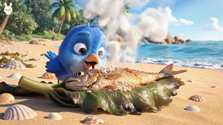 انیمیشن کوتاه یک ماهی کبابی ساده روی شن و سفر یک جوجه پرنده